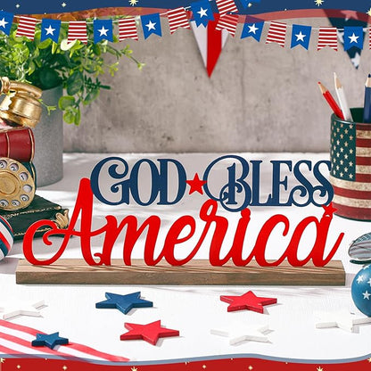 Patriotic God Bless America Metal Sign Rustic Table Decor Holiday Tiered Tray Decor with Wooden Base Freestanding Metal Word Sign for Home Tabletop Centerpiece Mantel Shelf Fireplace