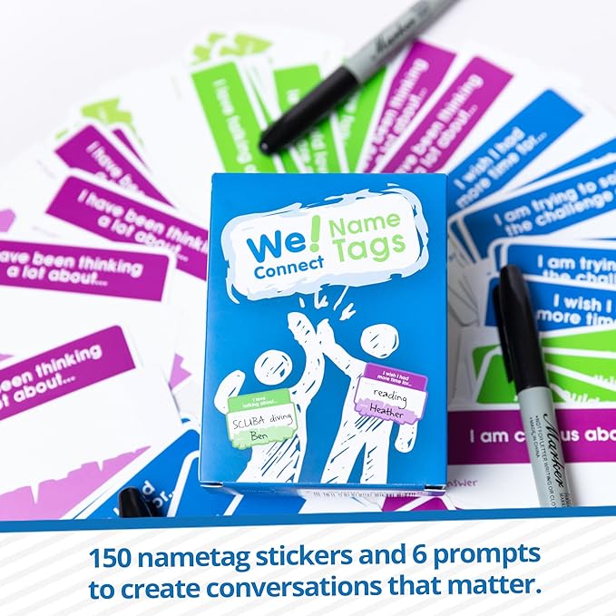 We! Connect Name Tag Stickers (150 PCS) - Easy-to-Write Name Stickers with Conversation Starters - Ideal for Networking, Ice Breakers & Adult Educational Team Building Games - Self-Adhesive Tags