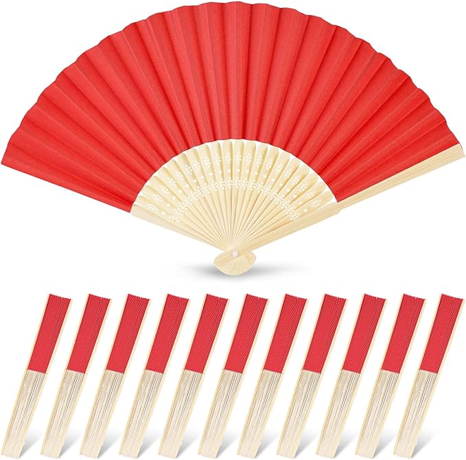 JOHOUSE 12 Pcs Paper Folding Hand Fans, 8.3 Inch Red Fans Handheld Decorative Accessories for Wedding, Outdoor Party Favors, Bridal Shower DIY Decoration Photography Props Hibachi Party Decorations