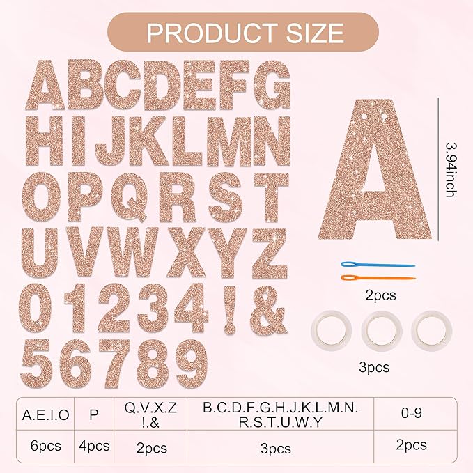 BEISHIDA 116 PCS A-Z Glitter Rose Gold DIY Letter Banner Kit Make Your Own Banner，Including 111 Letters and Numbers 3 Rope and 2 Threading Device,Customized for Birthday Graduation Wedding Party Decor