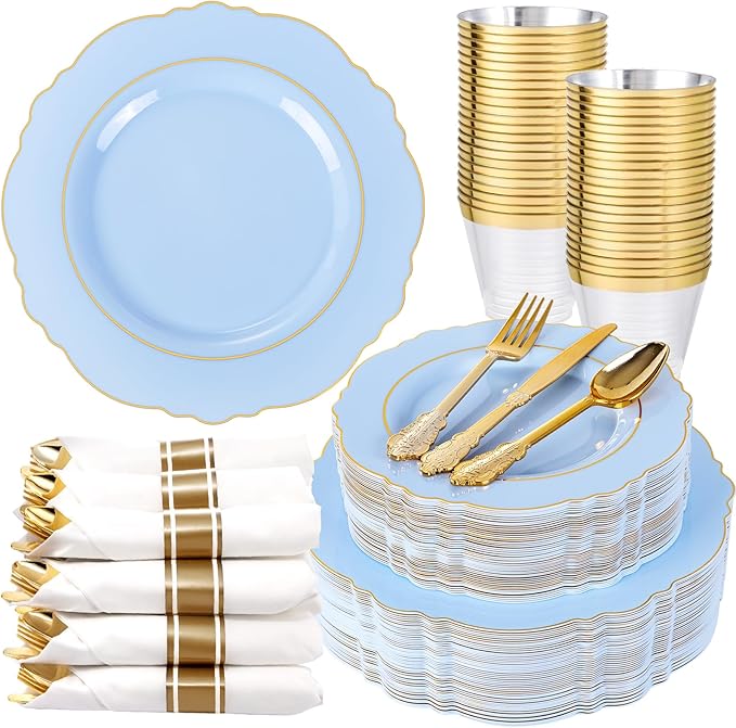 Liacere 350PCS Bule Plastic Plates - Disposable Bule and Gold Plates 50guest Baroque Plastic Dinnerware include 100Plates, 50Pack Pre Rolled Napkins with Silverware 50Cups for Wedding&Mother's Day