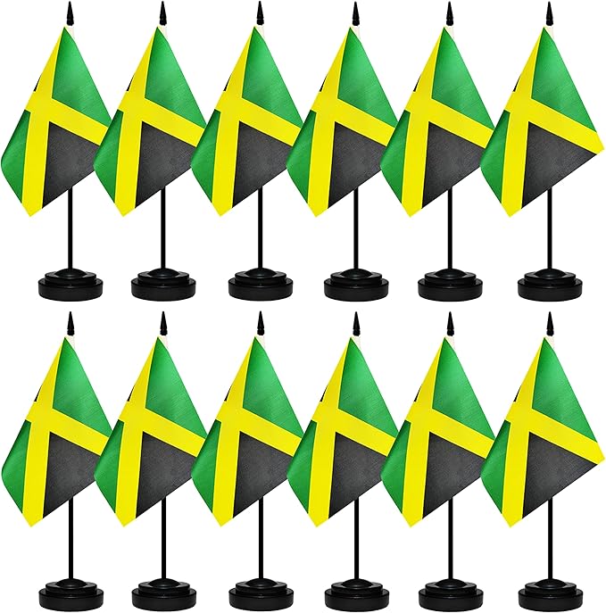 12 Pack Jamaica Desk Flags Set, Jamaican Small Mini Table Office Flags with 12" Solid Black Pole, 8.2 x 5.5 Inches, Home and Office Decoration, Festival Celebrations