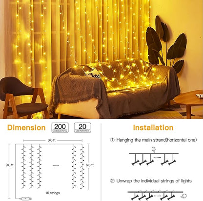 Ollny Curtain Lights 6.6x6.6ft, 200 LED String Lights with Remote 8 Modes Dimmable Timer, USB Power Fairy Light for Bedroom Backdrop Indoor Wall Window Wedding Decor, Warm White