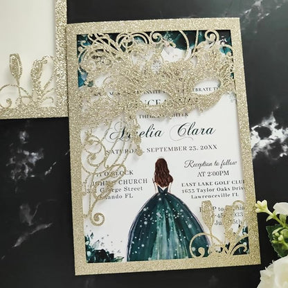 20PCS Masquerade Invitations, masquerade wedding invites, laser cut invitation pockets for quinceanera,xv,16 birthday,bridal shower,wedding,Anniversary,holiday party,etc. (glitter light gold)