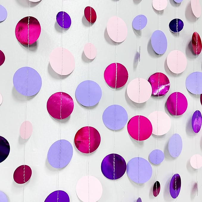 Pink and Purple Party Decorations Circle Dots Garland Hot Pink Lavender Hanging Polka Dot Streamer for Girls Birthday Baby Shower Bridal Shower Wedding Bachelorette Anniversary Party Supplies
