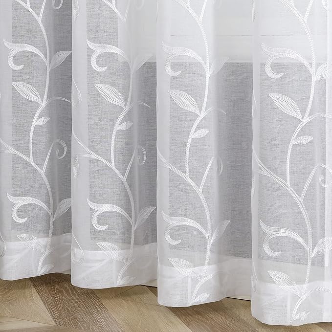 VISIONTEX White Leaves Sheer Voile Curtains, Decorative Embroidery Rod Pocket Window Drapes for Home Living Room and Bedroom 54 x 72 Inch, Set of 2 Curtain Panels