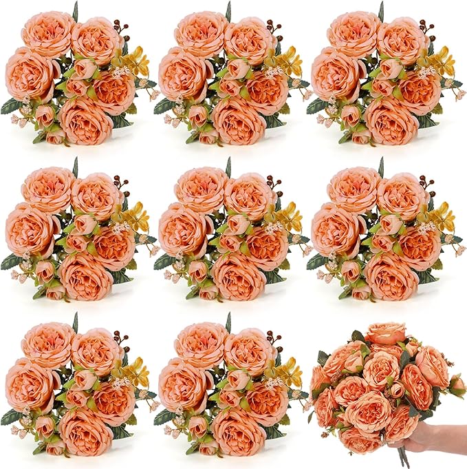8 Bundles Artificial Peonies Flowers Boho Faux Flowers Arrangements Artificial Centerpiece Spring Bouquet Floral Wedding Decoration for Vase(Orange)
