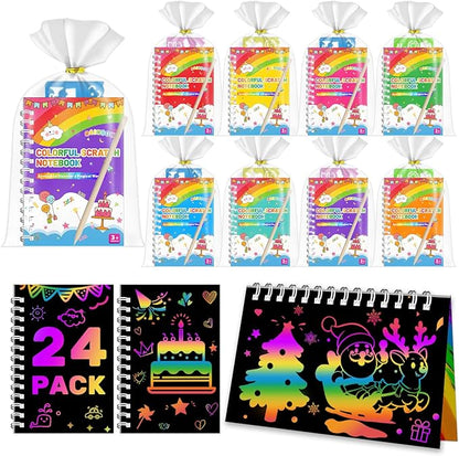 Party Favors for Kids: 24 Pack Scratch Art Notebooks with Rainbow Colors, 2-in-1 Coloring & Scratch Books, Bulk Birthday Gifts, Goodie Bags, Classroom Prizes for Boys & Girls