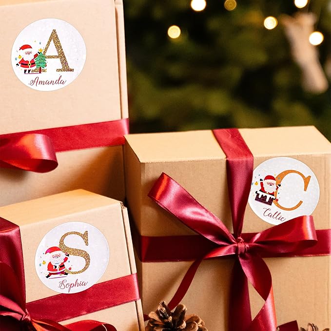 callie moment Personalized Christmas Stickers, Custom Name Waterproof Christmas Gift Tags for Gift Box Holiday Decorations, Stockings, Party Favors (Santa Claus Initial 2)