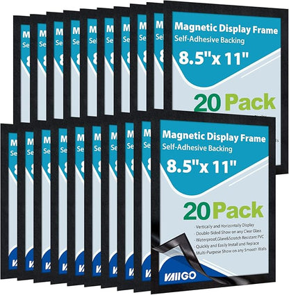 8.5"x 11" Self Adhesive Magnetic Sign Holder, Double Sided Window Magnetic Display Frame with Clear PVC and Strong Magnetic for Office,Home,Store,Door,Glass,Wall Display Frame(Black,20Pack)