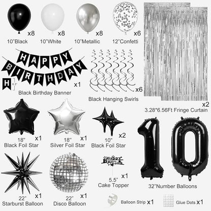 10th Birthday Decorations for Boys Girls, Black Silver Happy Birthday Party Decorations， 10 Year Old Party Supplies with Number 10 Balloons, Banner, Fringe Curtains Kit