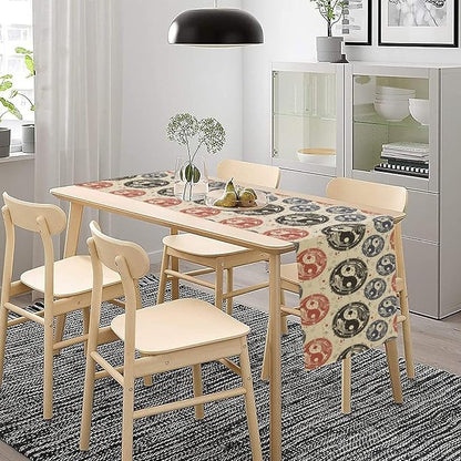 Yin Yang Table Runner, Vintage Mid Century Traditional Oriental Koi Fish Mystical Celestial Moon Stars Print Table Runner for Kitchen Dining Table Party Decor, 13x108inch