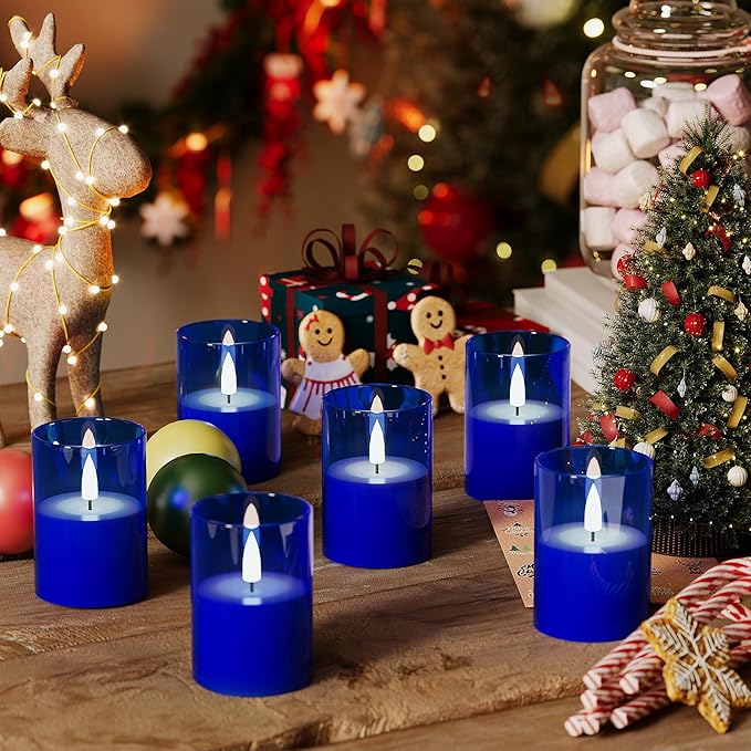 12Pack Flickering Flameless LED Candles with Timer, Battery Powered - Small Pillar & Votive, Acrylic Made, Blue (2"X3")