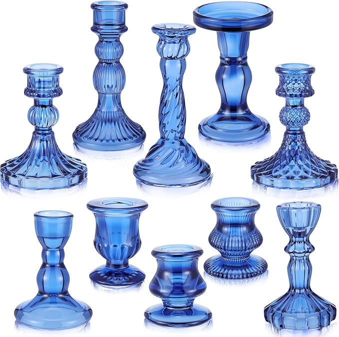 Mumufy 10 Pcs Glass Crystal Taper Candle Holders Clear Glass Candlestick Holder Fit 0.8 Inch Candles Crystal Decorative Candle Stand Centerpiece Table Wedding Dining Party (Classic,Blue)