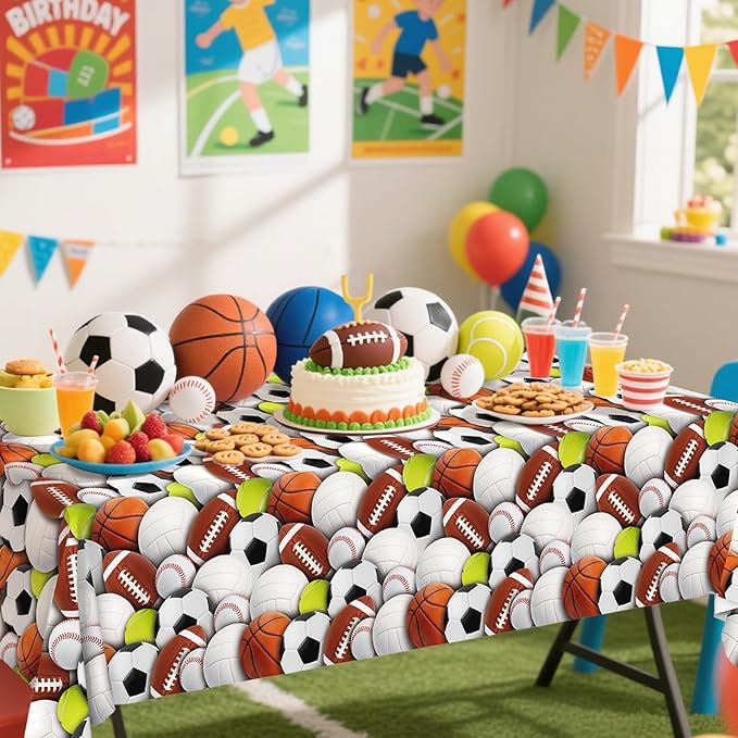 Gatherfun Sports-Themed Party Pack: 2-Pack Boys Birthday Decorations, Disposable Plastic Tablecloth for Sports Birthday Party Decorations，54 x 108 Inches