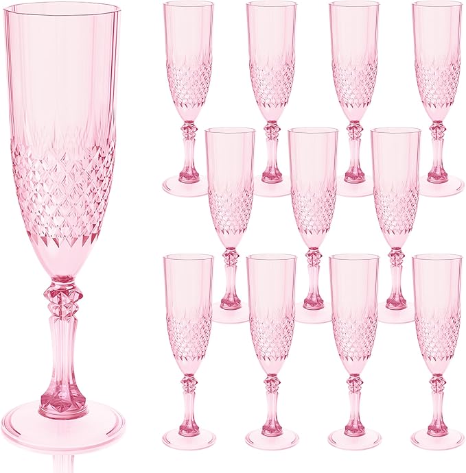 Plastic Champagne Flutes, 12PCS Pink Wine Glasses Goblets Cups Reusable Flute, for Weddings Bachelor Parties Toasting and Events(12, Pink)
