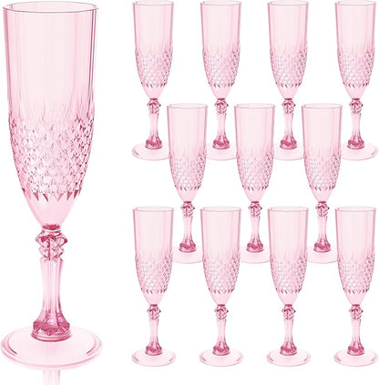 Plastic Champagne Flutes, 12PCS Pink Wine Glasses Goblets Cups Reusable Flute, for Weddings Bachelor Parties Toasting and Events(12, Pink)
