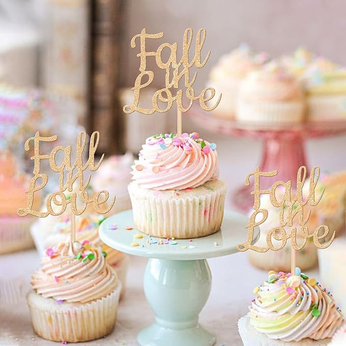24 PCS Fall in Love Cupcake Toppers Glitter Fall Theme Bridal Shower Cupcake Picks for Autumn Wedding Engagement Anniversary Birthday Bridal Shower Party Cake Decorations Supplies Champagne Gold