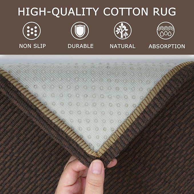 KOZYFLY Washable Runner Rug 2x6 Ft Runners for Hallways Non Slip Kitchen Runners Braided Cotton Entryway Runner Indoor, Carpet for Hallway Kitchen Entryway Bedroom, Dark Coffee/Brown