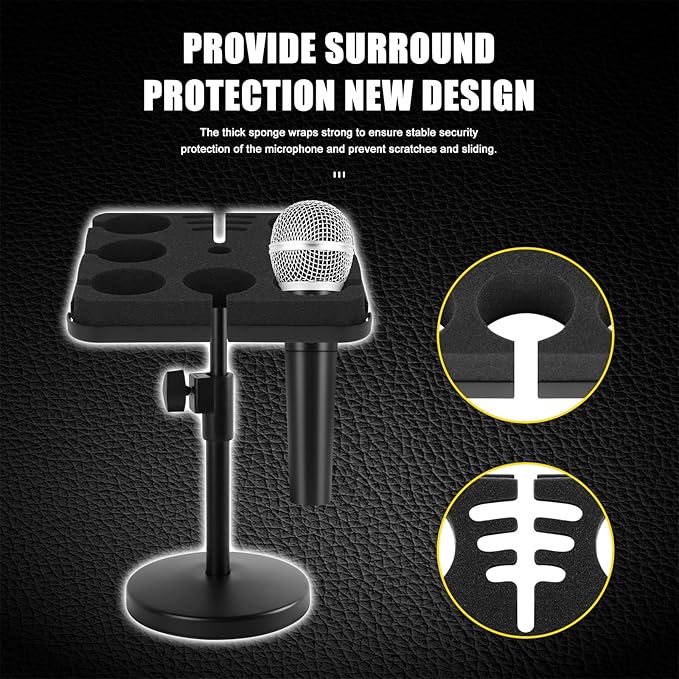 Multi Microphone Holder, Wired and Wireless Mic Holder for Stand, Hold Up to 7 Microphones, Aluminum, Black with stand