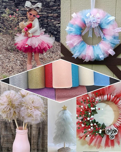Glitter Tulle Fabric Rolls, 6 Inch 50 Yards (150ft) Sparkling Spool Ribbon Sequin Netting for Tutu Skirt Gift Wrapping Wedding Party Decoration (Silver)