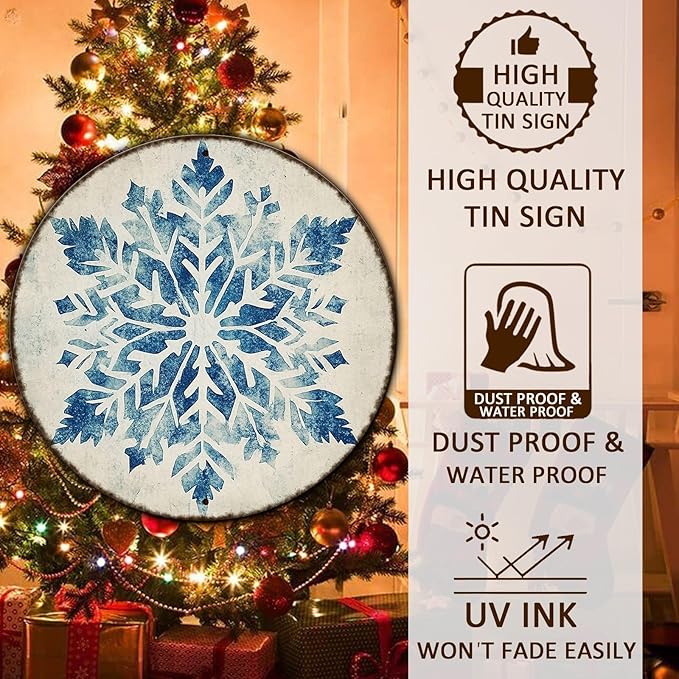 Round Christmas Metal Tin Sign Vintage Snowflake Signs Winter Christmas Sign Retro Wall Decor Tin Sign Funny Decorations for Home Cafes Office Store Pubs Tin Sign 8 * 8 in