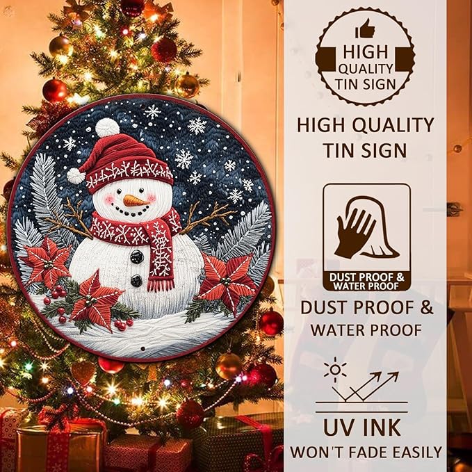 Round Christmas Snowman Decor Metal Tin Sign for Door Hanging Sign for Home Bars Clubs Cafes 12 * 12 in