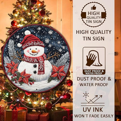 Round Christmas Snowman Decor Metal Tin Sign for Door Hanging Sign for Home Bars Clubs Cafes 12 * 12 in