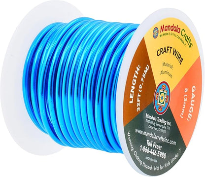 Mandala Crafts 8 Gauge Anodized Aluminum Craft Wire for Jewelry Making - 32 FT Colored Flexible Bondi Blue Wire - Bendable for Bonsai Armature Crafting Sculpting