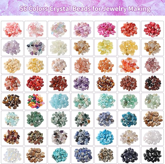 QUEFE 1800pcs 56 Colors Crystal Beads, Ring Making Kit, Gemstone Chip Beads Irregular Natural Stone with Jewelry Making Supplies for DIY Craft Bracelet Necklace Earrings, Craft Gifts