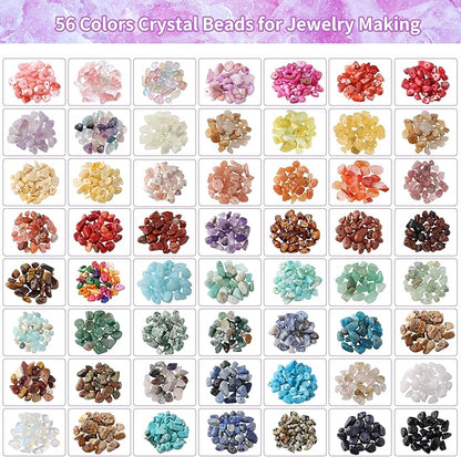 QUEFE 1800pcs 56 Colors Crystal Beads, Ring Making Kit, Gemstone Chip Beads Irregular Natural Stone with Jewelry Making Supplies for DIY Craft Bracelet Necklace Earrings, Craft Gifts