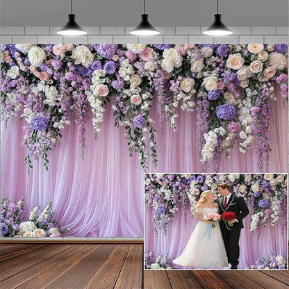 7x5ft Purple Lavender Floral Bridal Backdrop Wedding Flower Photography Backdrop for Girl Portrait Baby Shower Birthday Party Decor Banner Mother's Day Party Wall Backdrop Studio Photo Backgrounds