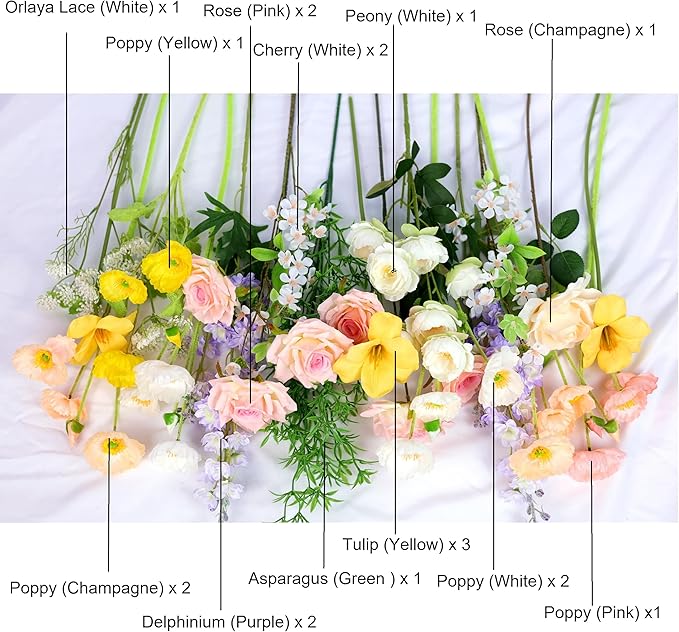 Artificial Flowers Bouquets for Bridal Wedding Home Decor Fake Floral Arrangements for Party Table Centerpieces DIY Silk Flower Set Spring Summer Indoor Outdoor (Combo Pink/Yellow)