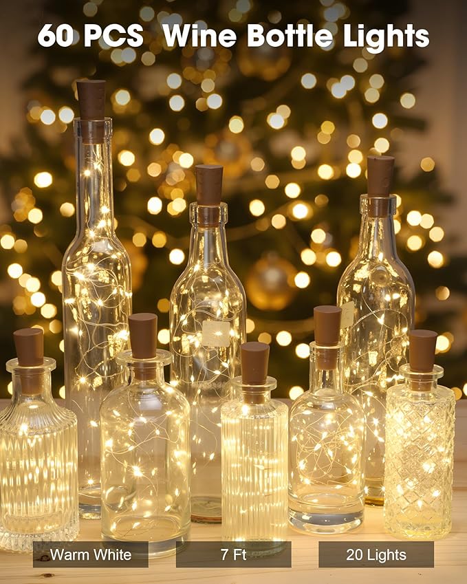 Hortsun 80 Pack Wine Bottle Lights with Cork Fairy Mini String Lights Battery Operated Mini Waterproof 7 ft Silver Wire 20 Led Cork Shape for Christmas, DIY, Party, Decor, Wedding, Bar(Warm White)