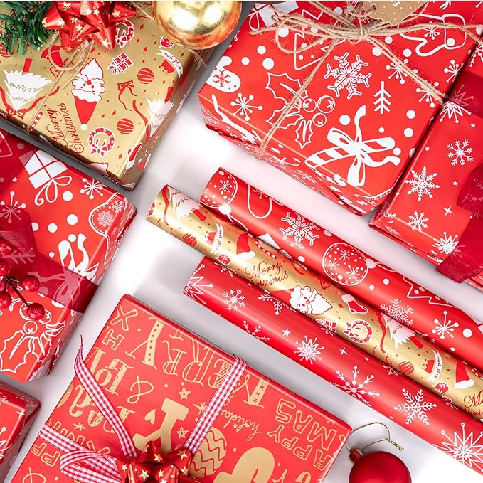 Christmas Gift Wrapping Paper Rolls,3 Rolls 17inches x 198inches Reversible Gift Wrapping Paper, Red Gold White Wrapping Paper, Snowflakes, Stripes, Plaid, Santa hat, Christmas decorations