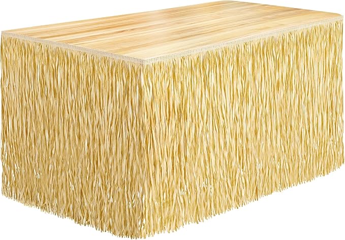 Fovths 1 Pack Luau Grass Table Skirt Fringe Straw Grass Skirt 108 x 30 Inch Hibiscus Hawaiian Table Skirts Rectangle Tropical Luau Party Decorations for Hawaiian Luau Decorations