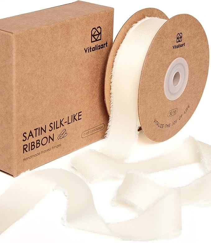 Vitalizart Silk Like Satin Ribbon 1 inch x 30 Yard Ivory White Handmade Frayed Ribbons for Gift Wrapping Baby Shower Wedding Bridal Bouquets Holiday Decor