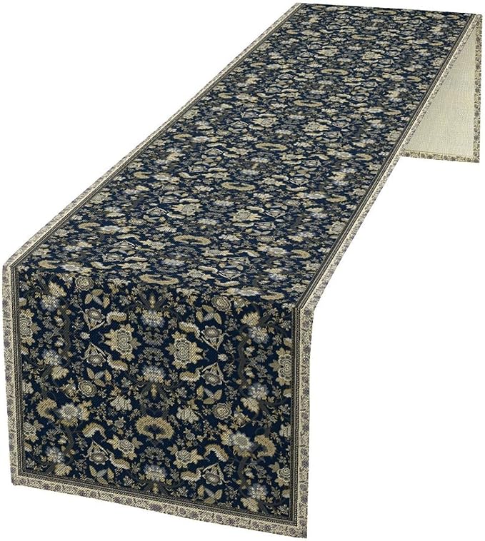 Vintage Boho Floral Table Runner, Morris Rustic Country Farmhouse Dark Blue Grey Retro Flower Pattern for Home Kitchen Table Decor Dining Coffee Room Party Decor 13x36in