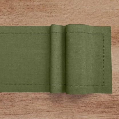 Solino Home Linen Olive Table Runner 72 Inches Long - 100% Pure Linen Hemstitch Table Runner 14 x 72 Inch for Dresser, Dining, Fall, Autumn, Thanksgiving - Classic Hemstitch