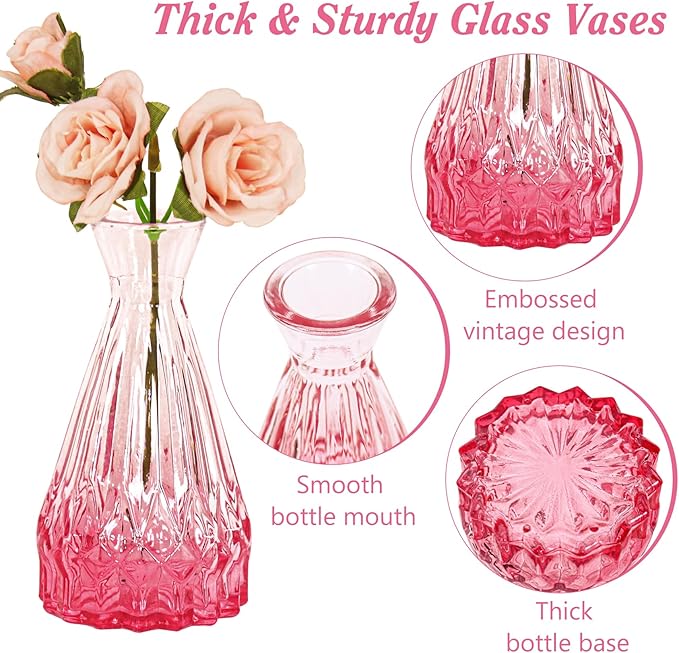 Set of 40 Glass Bud Vases, Small Pink Glass Vases in Bulk, Mini Vintage Embossed Flower Vase for Wedding, Centerpieces, Birthday Party, Baby Shower, Home Table Decorations (Pink)