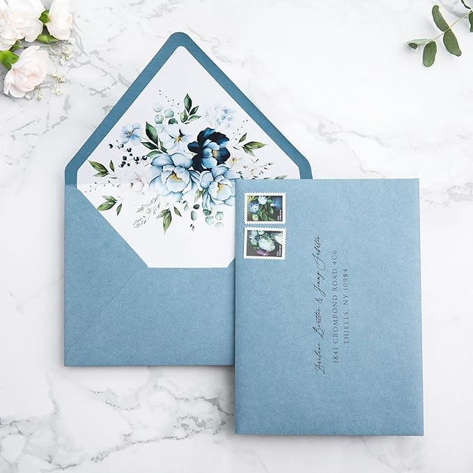 PONATIA 50PCS A7 Euro Flap Envelopes, 5.25 x 7.25'' Dusty Blue Flowers Liner Envelopes for Wedding Invitations, Photos, Postcards, Greeting Cards, Christmas Gift Cards, Acrylic Mailing, 5x7 envelopes