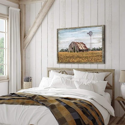 Vintage Farmhouse Wall Art Framed - Rustic Windmill Landscape Painting Artwork for Wall Decor