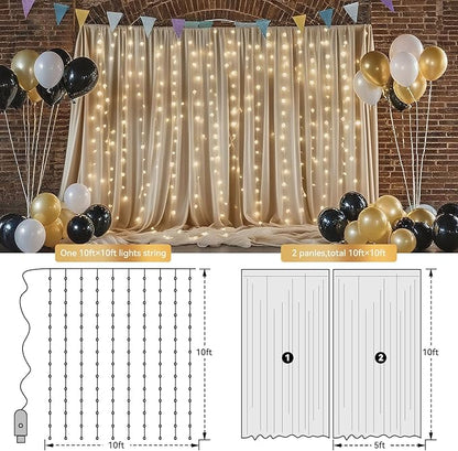 10×10ft Tulle Backdrop Curtains with Lights String - 300LED Fairy Lights Sheer Curtain Backdrop for Weddings Baby Shower and Birthday Party Decorations(2 Panels 5×10ft)