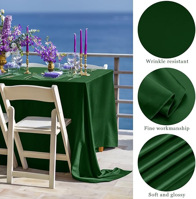 TURSTIN 1 Packs Dark Green Satin Tablecloth 102 x 58 Inch Overlay Satin Table Cover Rectangle Bright Silk Tablecloth Smooth Fabric Table Decoration for Wedding Banquet Party Events