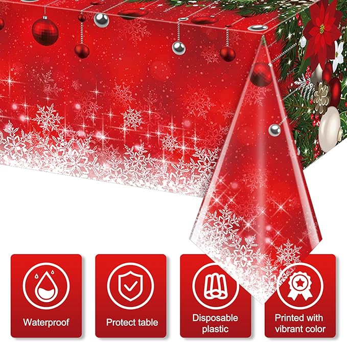 12Pieces Merry Christmas Tablecloth Plastic Christmas Tree Ball Table Cover Rectangle Winter Snowflake Tablecloth for Merry Christmas Holiday New Year Eve Party Decorations Supplies,54x108inch