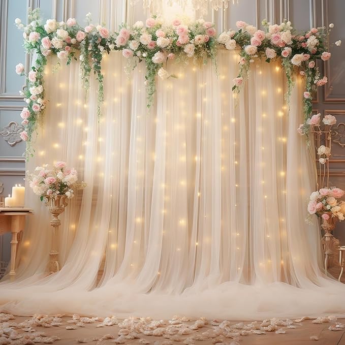 20ft X 10ft Champagne Tulle Backdrop Curtain for Parites, Sheer Backdrop Curtains Fabric Drapes for Wedding Ceremony Arch Party Stage Decorations