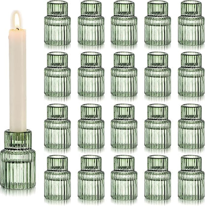 Hewory Glass Taper Candle Holders: 20 PCS Green Vintage Candle Holder Candlestick Holders Bulk, Ribbed Glass Candle Holder Candle Sticks Holder Decor for Table Centerpiece Wedding Christmas Home Decor