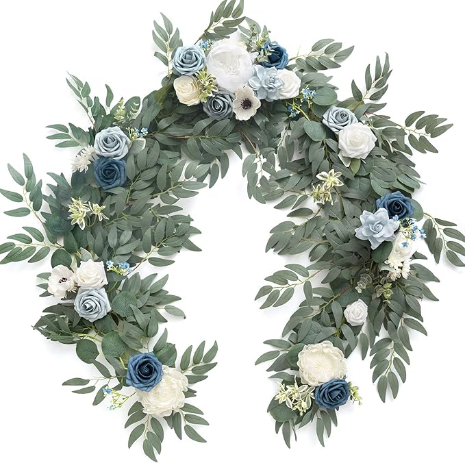 Ling's Moment Flower Garland - 6FT Eucalyptus & Rose - Sweetheart Table Decor for Wedding Reception, Artificial Arch Floral Garland for Mantle, Christmas, Beach Decoration, Dusty Blue & White