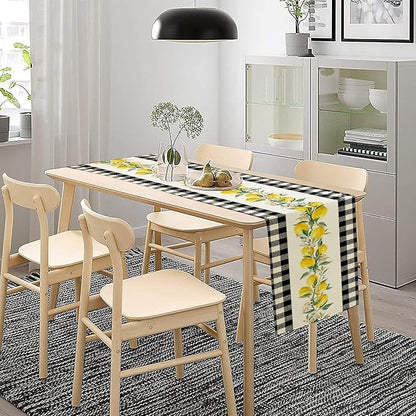 Lemon Table Runner,Black Buffalo Plaid Lemon Table Runner Farmhouse Style Spring Summer Home Kitchen Dinding Room Table Decoration 13x60 Inch