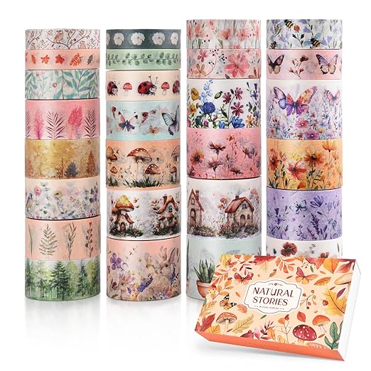 27 Rolls Vintage Washi Tape Set, Floral Butterfly Forest Mushroom Botanical Flower Writable Decorative Tapes for Scrapbooking, Junk Journal Supplies, Bullet Journaling 9.84ft Long/Roll